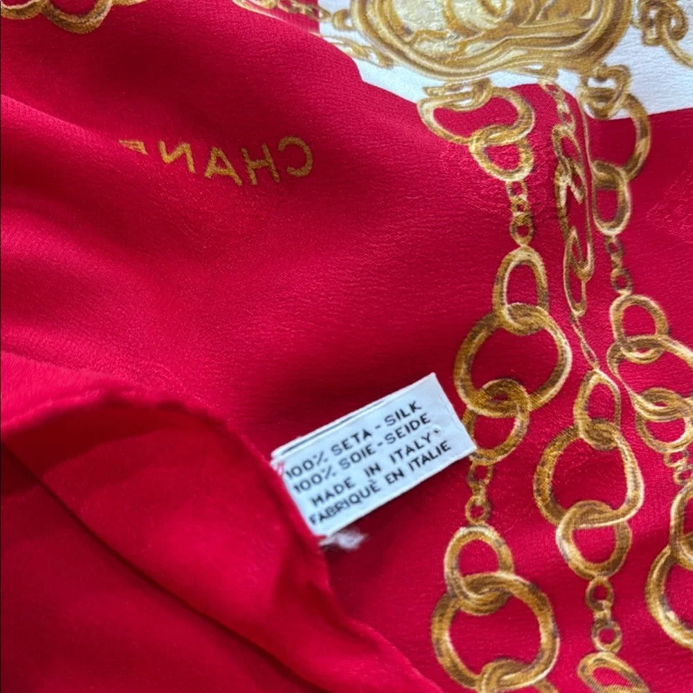 Authentic CHANEL Elegant Silk Red and Gold Scarf